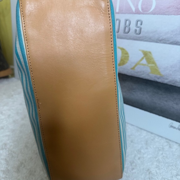 Tory Sophia Canvas Burch Aqua and Tan Striped Tote - Picture 13 of 15